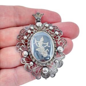 Vintage Siam Sterling Silver 925 Black Enamel Dancer Pendant